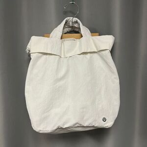 Lululemon Large White Canvas Tote Bag with Roll-Top Closure and Interior Pockets